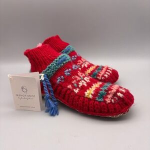French Knot Slipper Socks Women S/M Red Fair Isle Handmade Wool Leather Sole